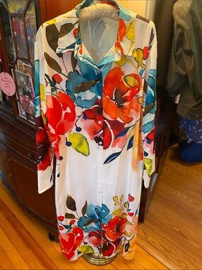 Floral White Multicolor Long Shirt Dress/Jacket coat